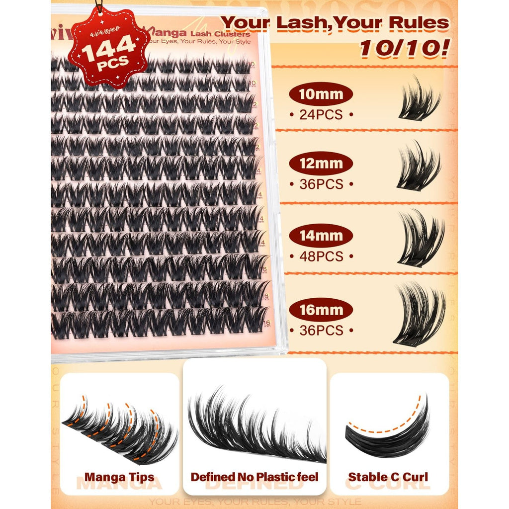 Premium imported lash clusters kit with 144 fluffy and thick 100D lashes. Includes various lengths for versatile styling.