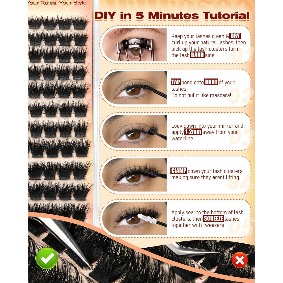 100% Genuine Fluffy 100D Thick Lash Clusters Kit. Achieve a stunning lash look with easy DIY tutorial steps.