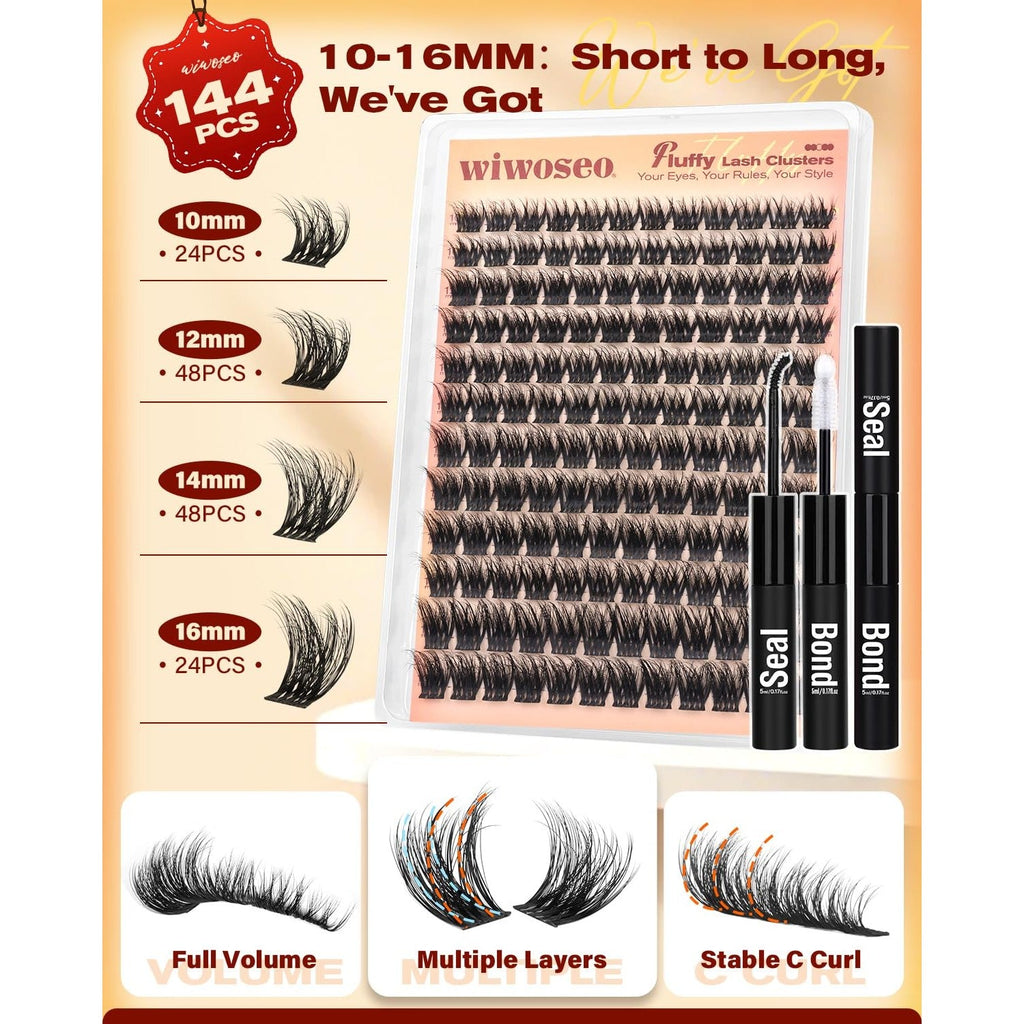 Lash Clusters Kit featuring 144 pieces in varying lengths (10-16mm) with full volume and stable curls for a glamorous look.