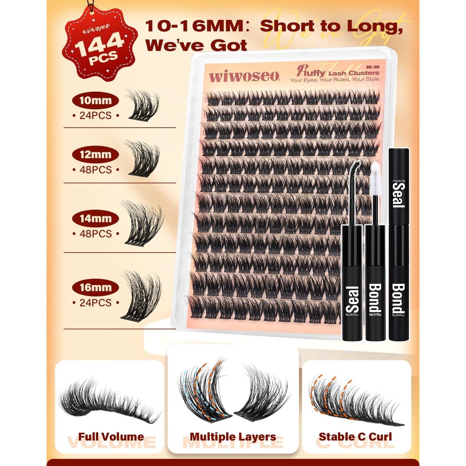 Lash Clusters Kit featuring 144 pieces in varying lengths (10-16mm) with full volume and stable curls for a glamorous look.