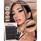 Reimagined lash extension kit featuring 150D fluffy clusters, adhesive, and applicator tools for customizable looks.