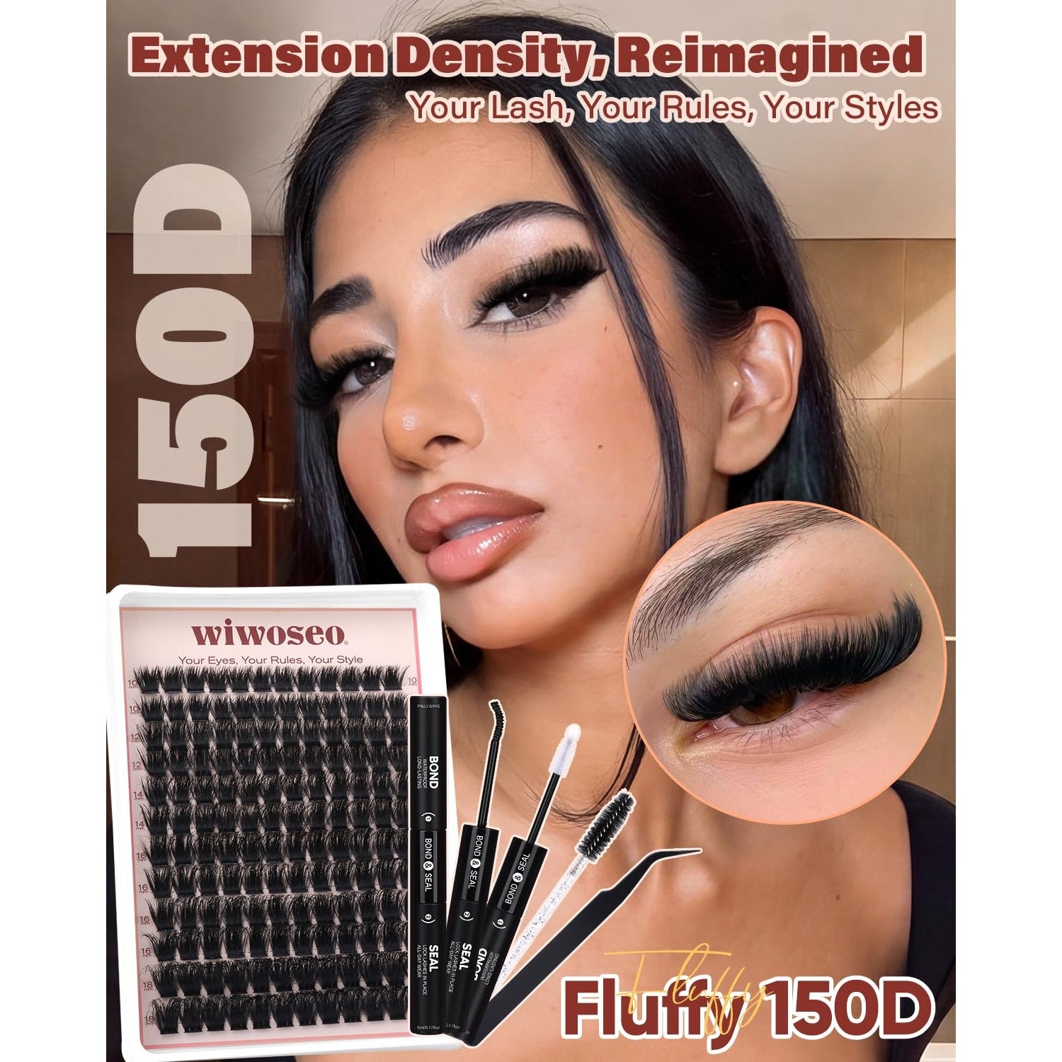 Reimagined lash extension kit featuring 150D fluffy clusters, adhesive, and applicator tools for customizable looks.