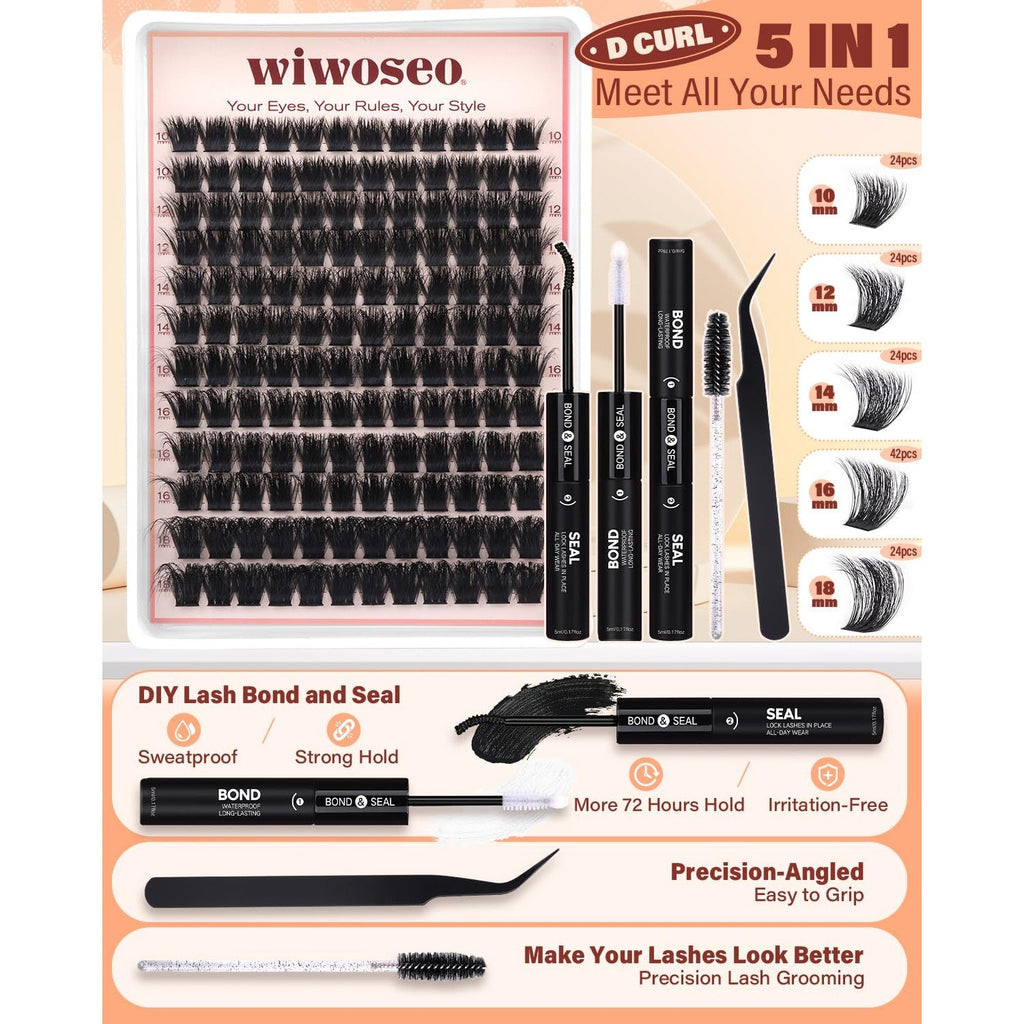 Premium imported Lash Clusters Kit featuring 100D thick fluffy lashes, easy-to-use bonding tools, and lasting hold.