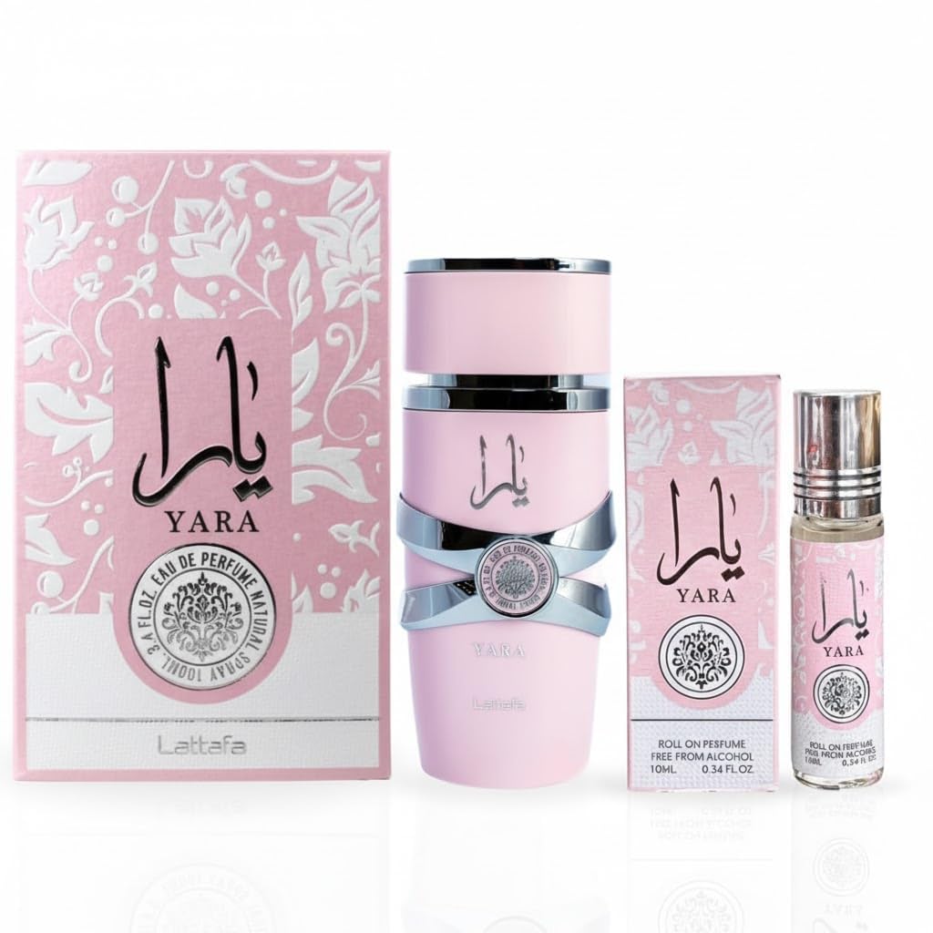 Experience the authentic Lattafa Yara 2-piece fragrance set, featuring a perfume and roll-on for lasting allure.