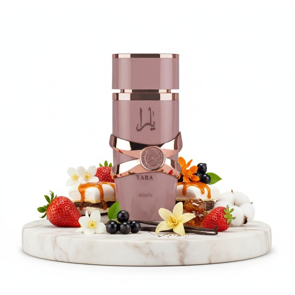 Lattafa Yara Elixir, a premium imported fragrance, showcases fruity notes with elegant dessert accents, featuring vibrant strawberries.
