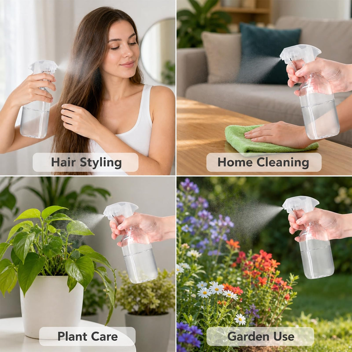 Versatile leakproof spray bottle for hair styling, home cleaning, and plant care. A premium import available at Curat Cart.