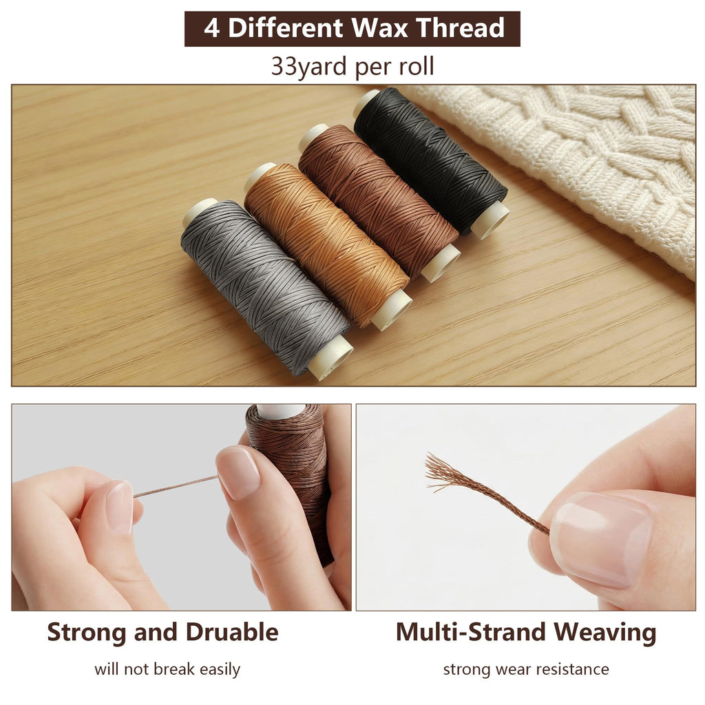 High-quality Leather Sewing Repair Kit featuring four durable wax thread spools, perfect for strong stitching. Available at Curat Cart.