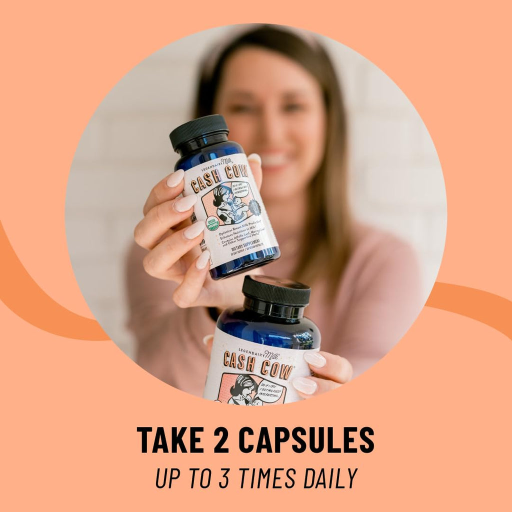 Premium imported Legendairy Milk Lactation Supplement bottles showcased by a smiling user. Available at Curat Cart.