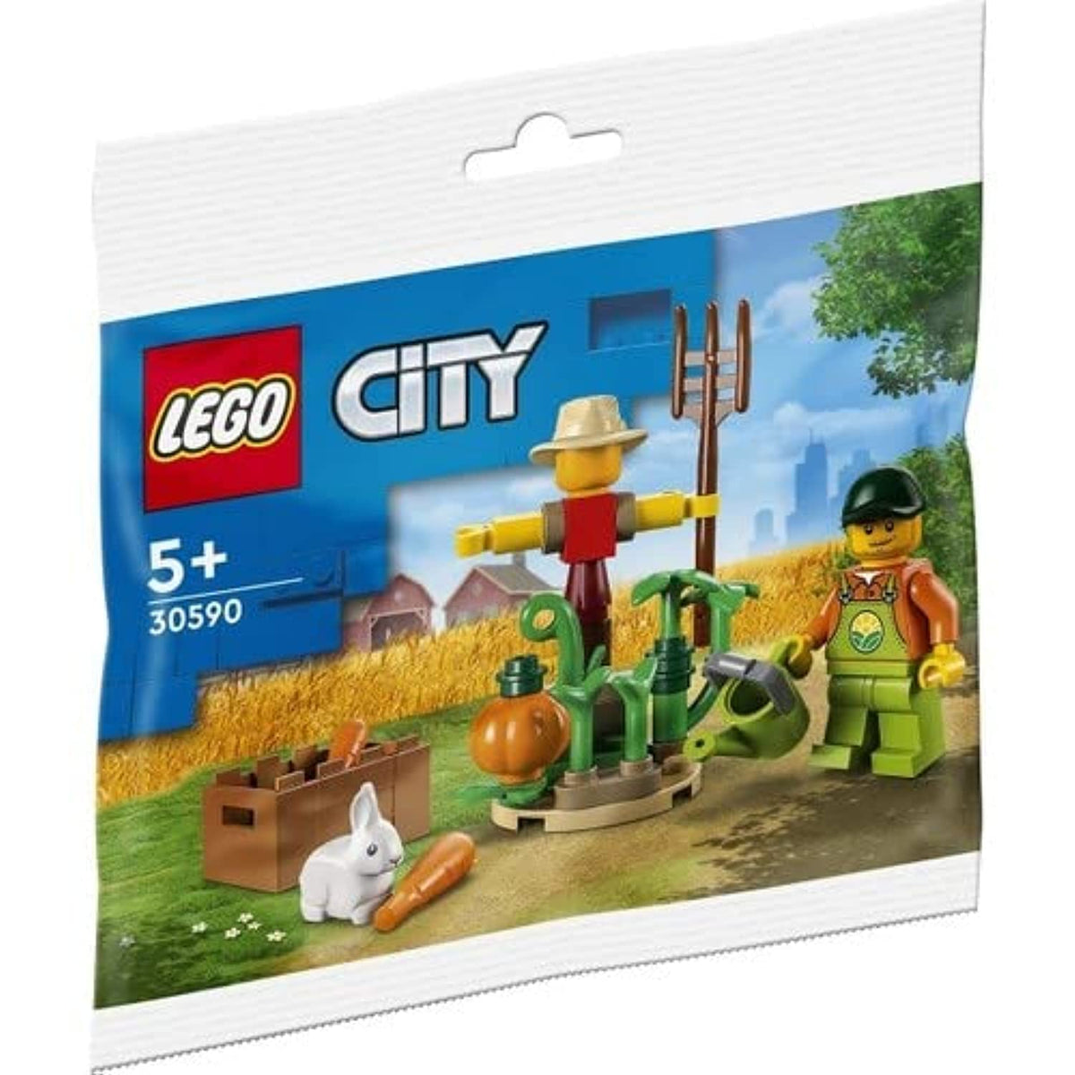 Authentic LEGO City 30590 Farm Garden set features a scarecrow, gardener, rabbit, and garden accessories for creative play.