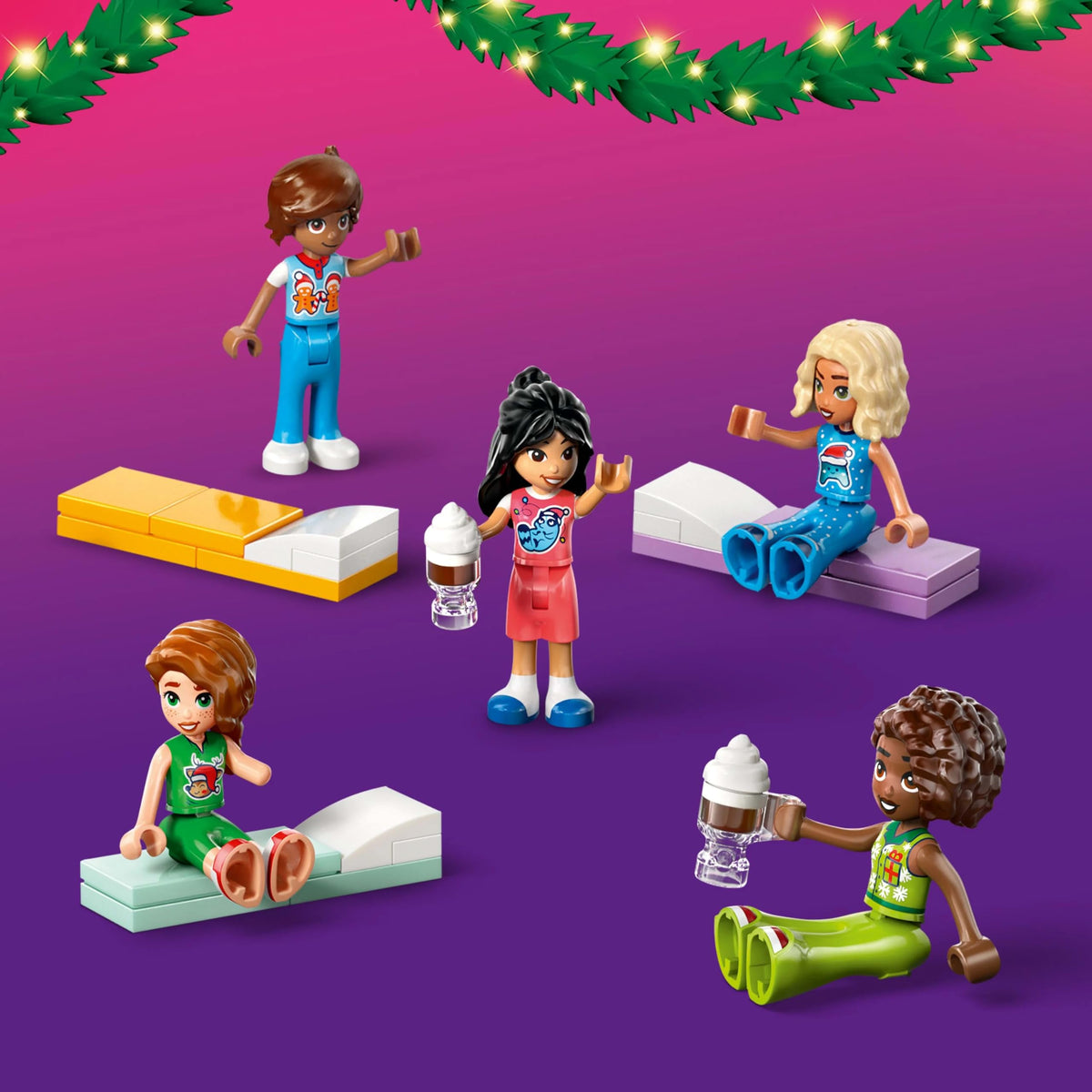 Five LEGO Disney Princess figures in vibrant clothing, enjoying drinks on colorful seating against a festive background.