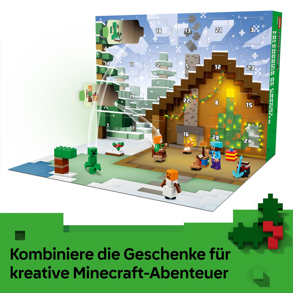 Official LEGO Minecraft Advent Calendar featuring winter scenes, characters, and buildable elements for festive fun.