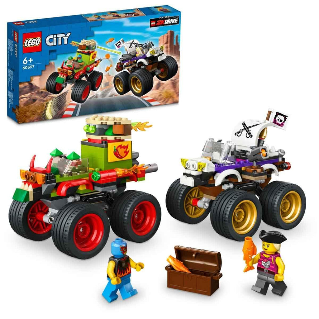 Build the thrilling LEGO 60397 Monster Truck Race set featuring 2 trucks, mini figures, and accessories. 100% Genuine Lego!