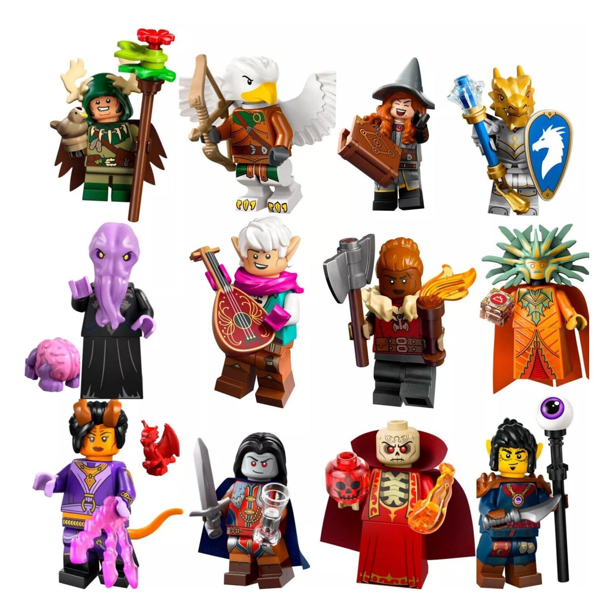 Authentic LEGO 71047 Dungeons & Dragons collectibles featuring diverse minifigures, each with unique accessories and details.