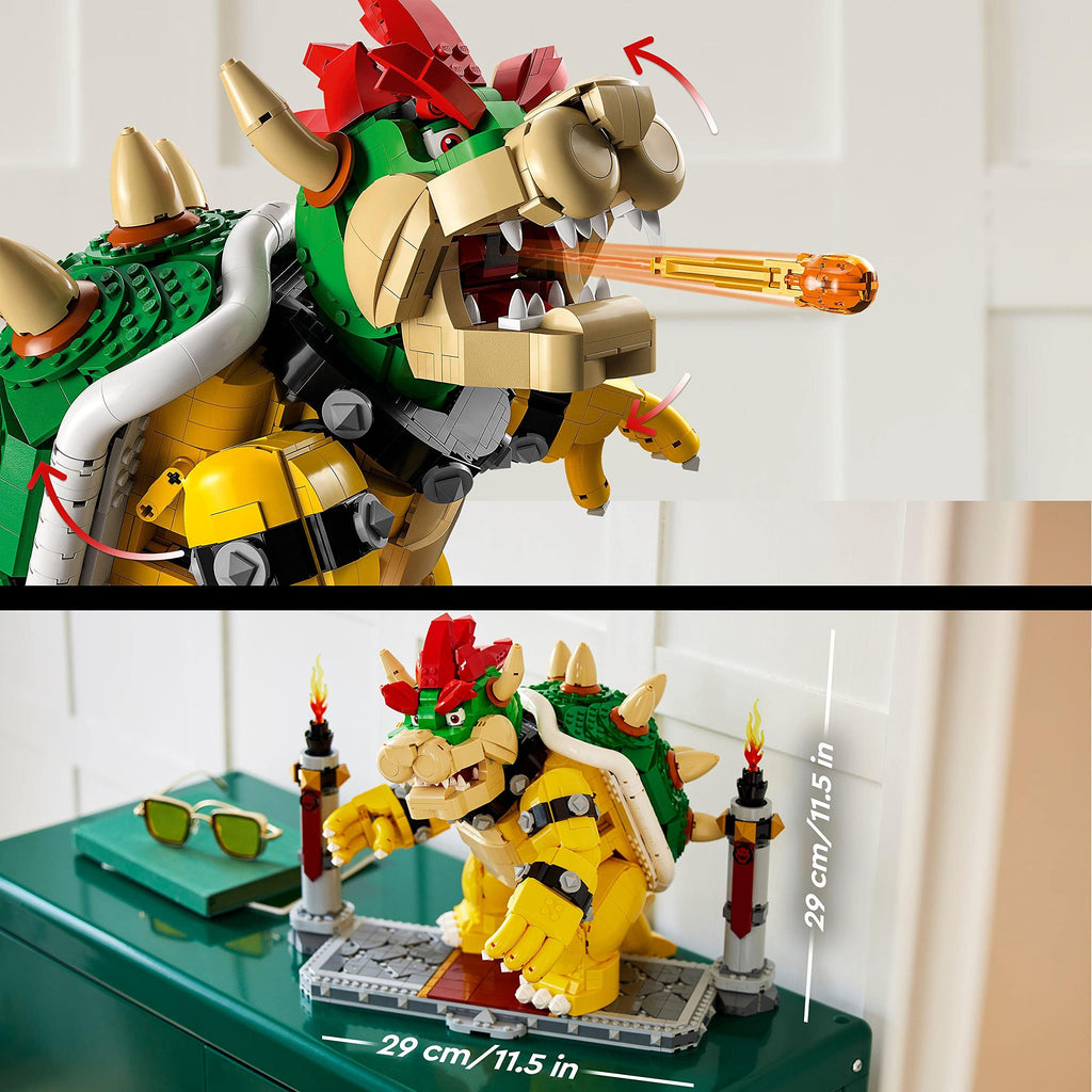 LEGO 71411 features a powerful Bowser figure with vibrant colors, adjustable parts, and an official box. Stands 11.5 inches tall.