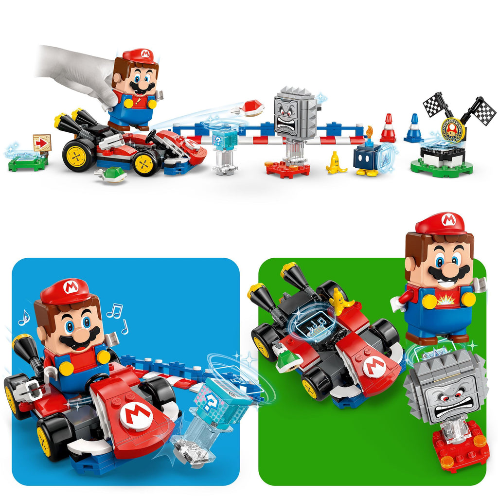 Authentic LEGO 71411 Super Mario set featuring Mario in a kart, battling Bows and interactive elements.