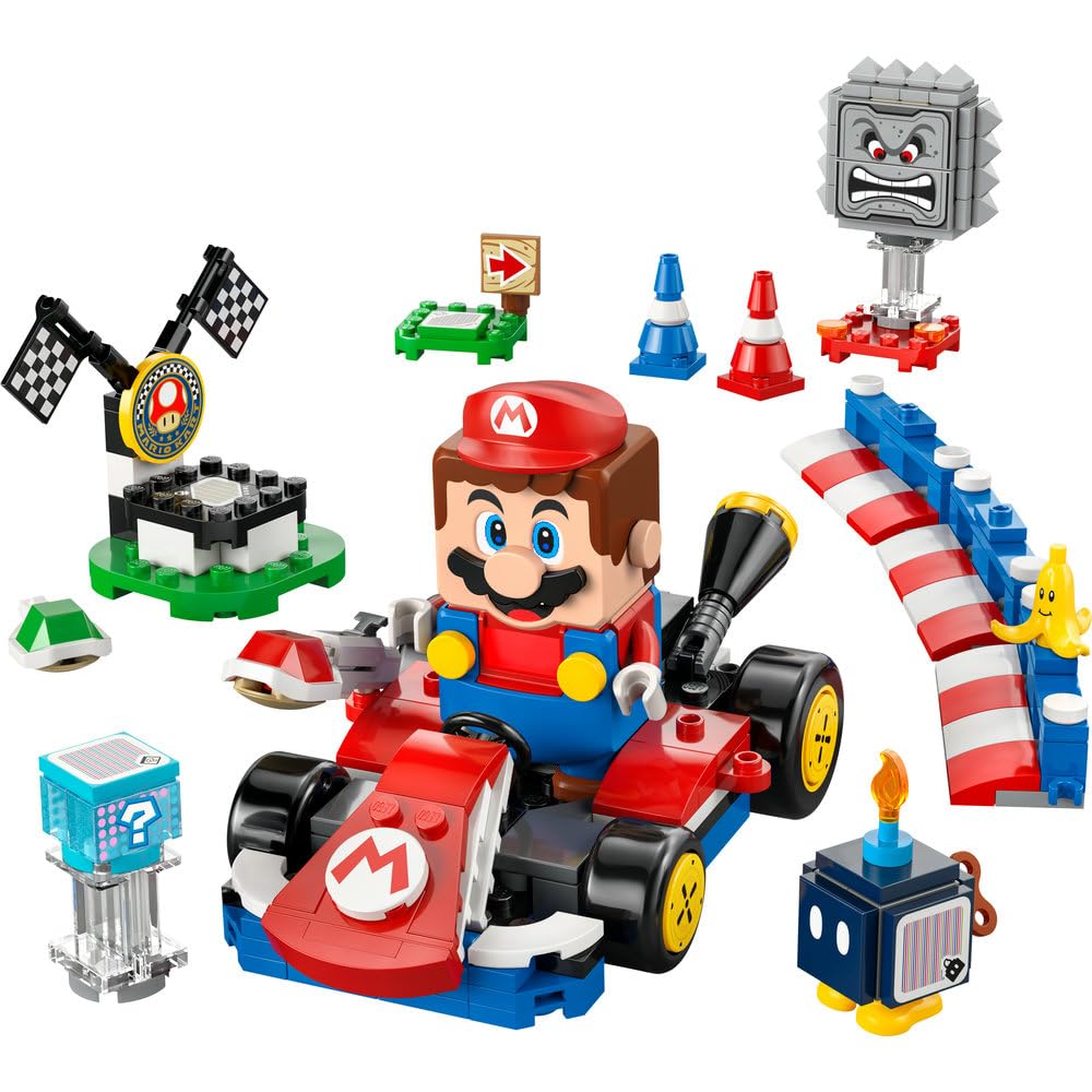 Official LEGO 71411 set featuring Mario in a kart with obstacles and interactive components for immersive play.