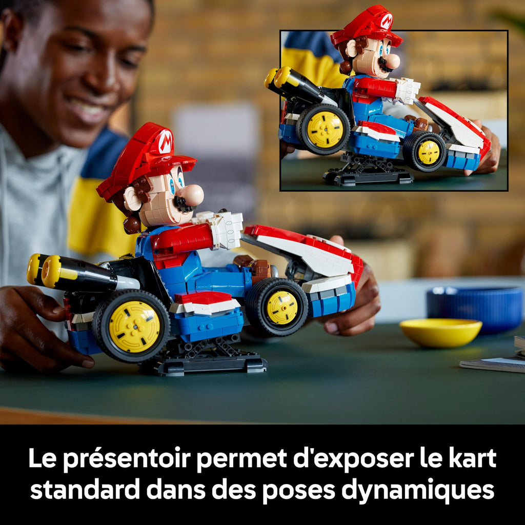 Official LEGO Super Mario set featuring Mario in a powerful kart, showcasing dynamic positioning on a stylish display.
