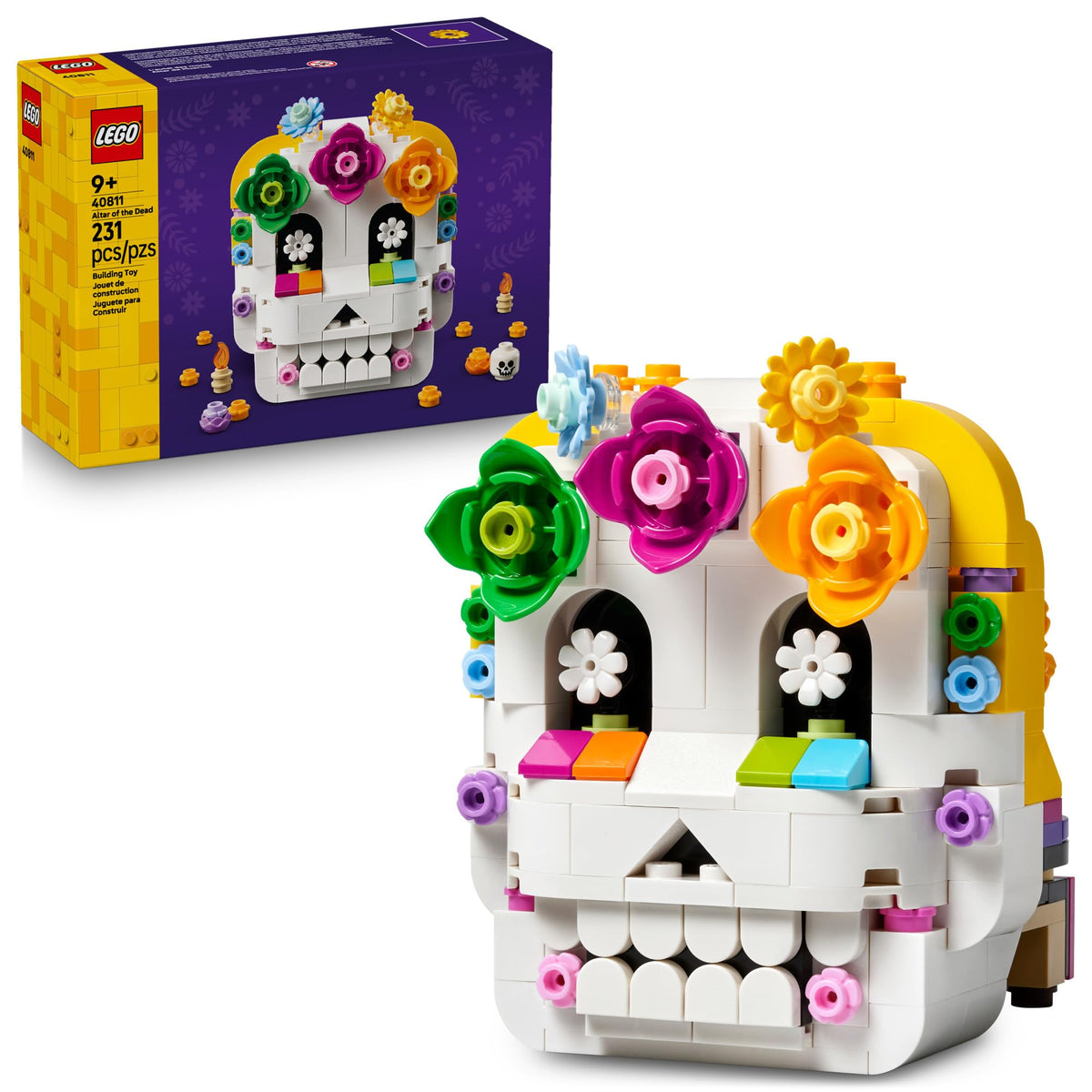 LEGO Altar of the Dead 40811 features a vibrant skull with flowers, made of 231 authentic pieces for creative fun.