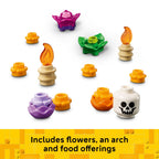 Authentic LEGO Altar of the Dead 40811 set featuring flowers, an arch, candles, and food offerings for festive builds.