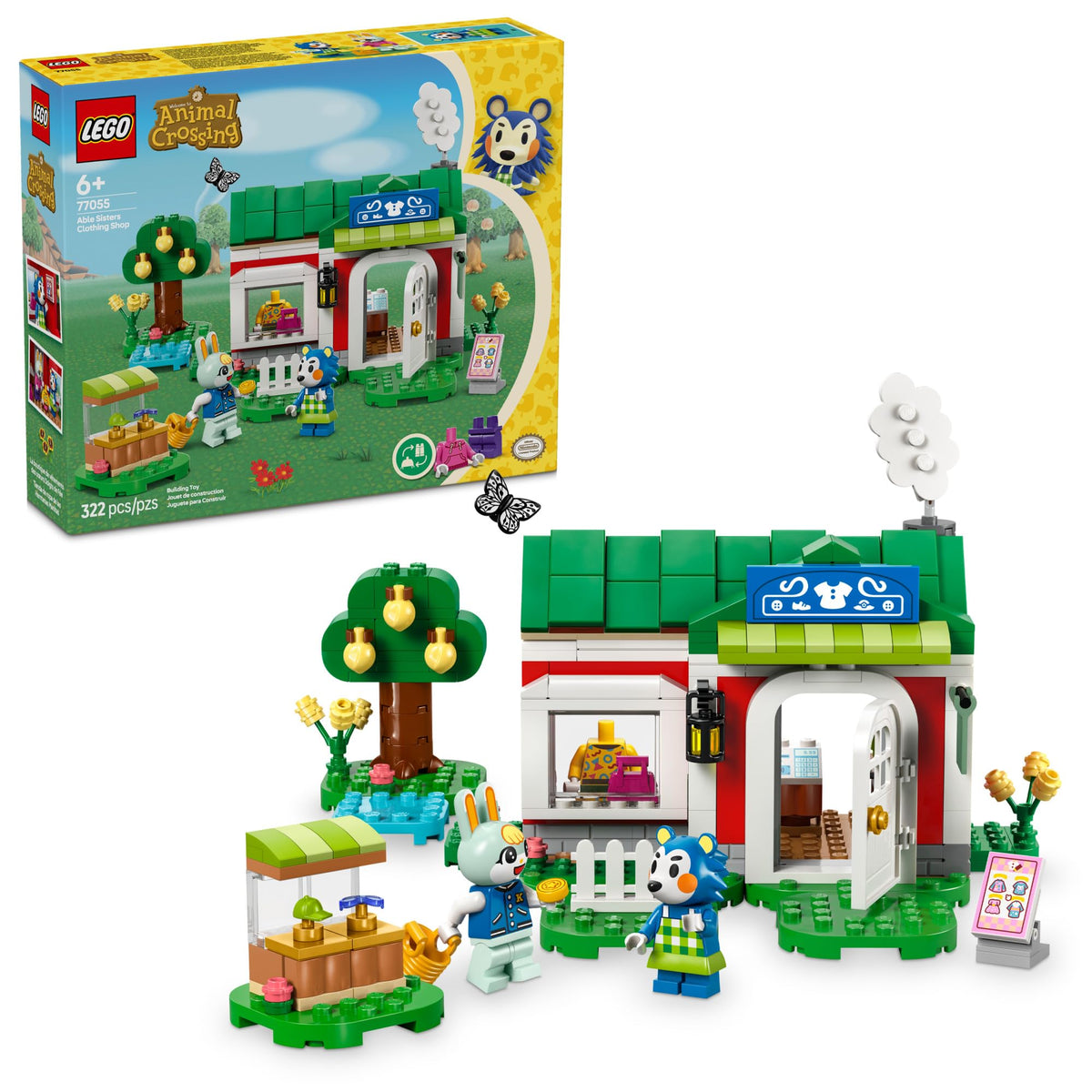 Authentic LEGO Animal Crossing Able Sisters set featuring a detailed shop, characters, and accessories. 322 pieces for imaginative play.