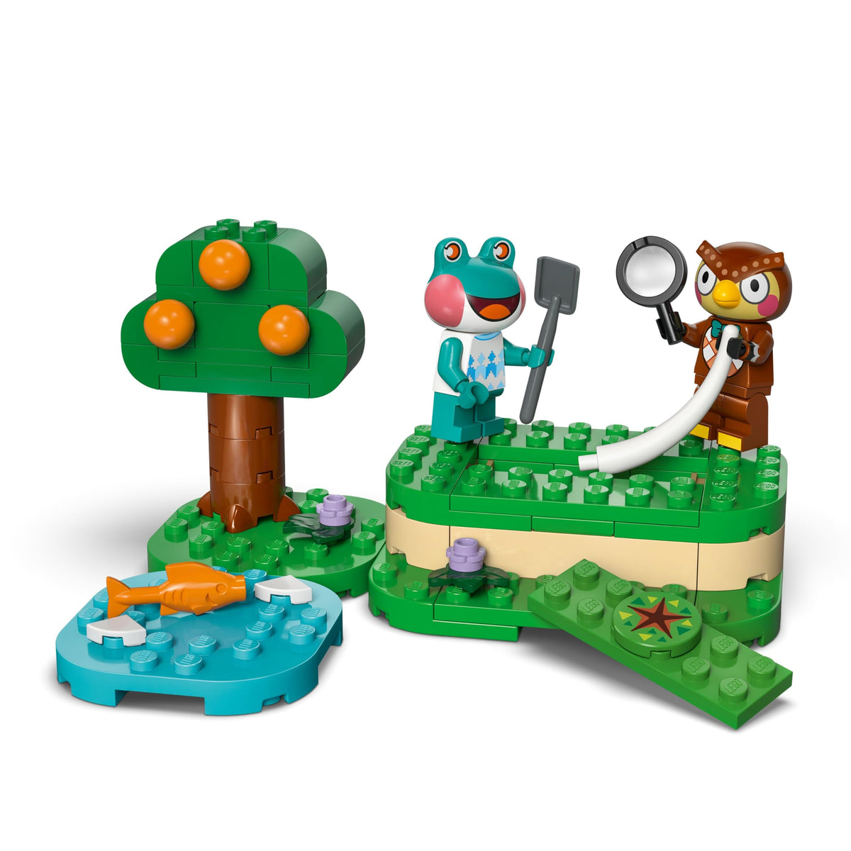 Premium imported LEGO set featuring Blathers and a frog with accessories in a vibrant Animal Crossing-themed scene.