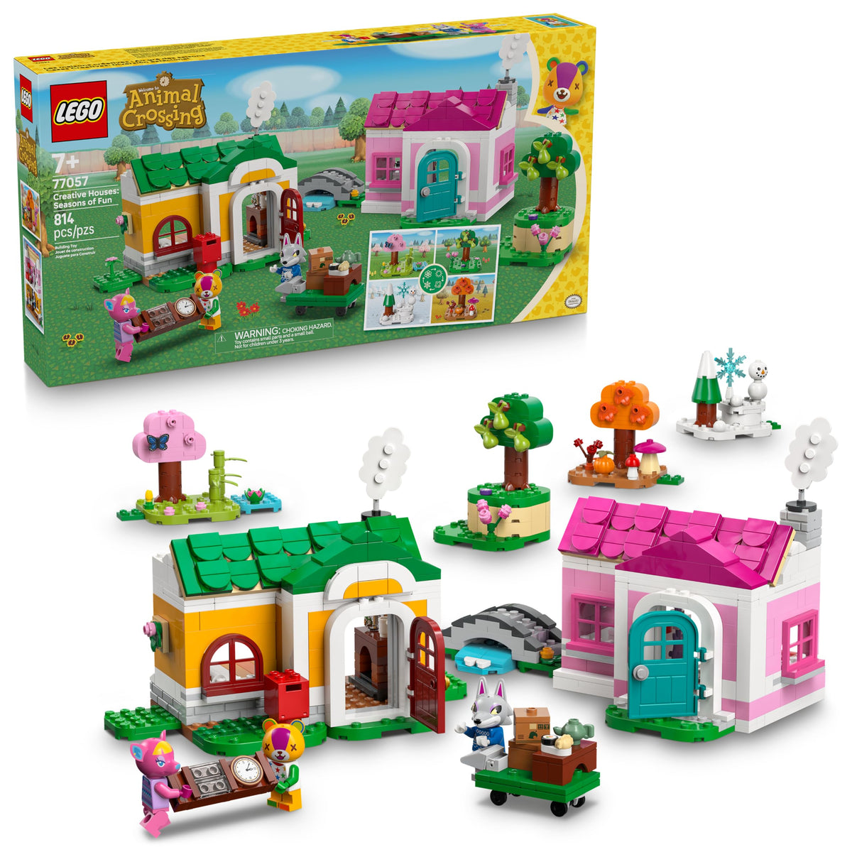 Authentic LEGO Animal Crossing Creative Houses set with two colorful homes, characters, and scenic elements.