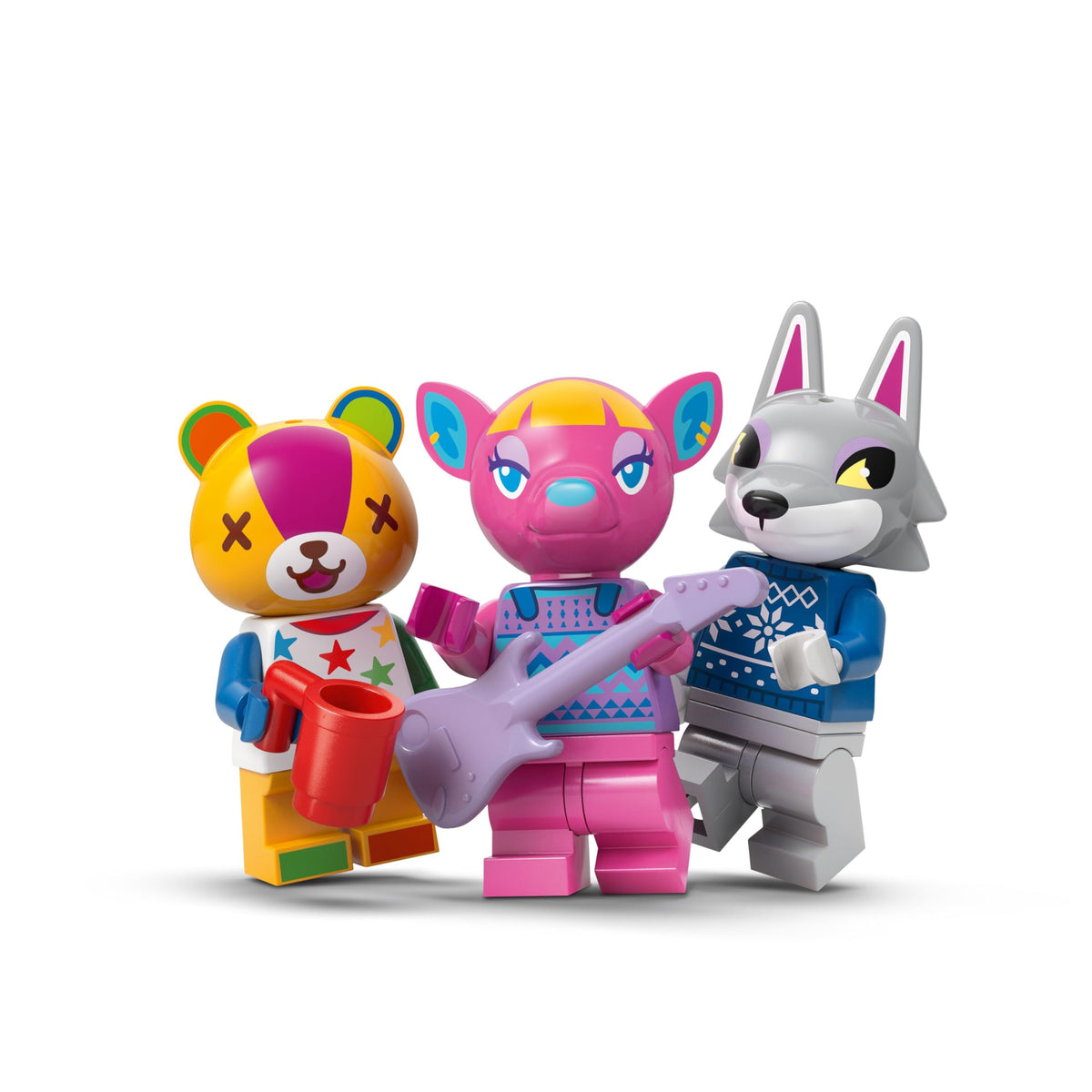 Three colorful LEGO figures inspired by Animal Crossing, including a bear, a cat, and a wolf, showcasing creativity and fun.