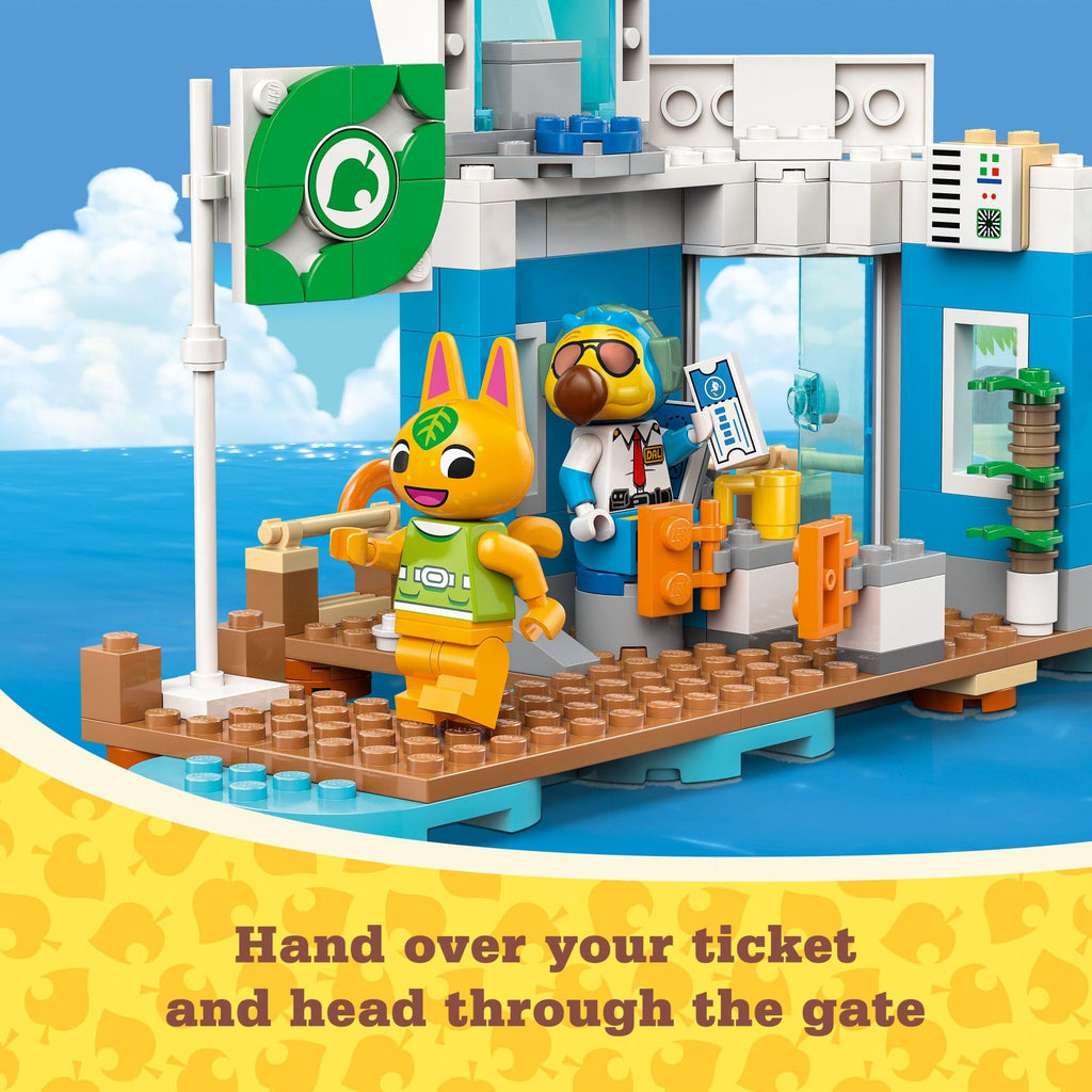 Official LEGO set featuring Dodo Airlines with vibrant colors, characters handing over tickets in an island setting.