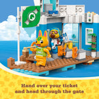 Official LEGO set featuring Dodo Airlines with vibrant colors, characters handing over tickets in an island setting.