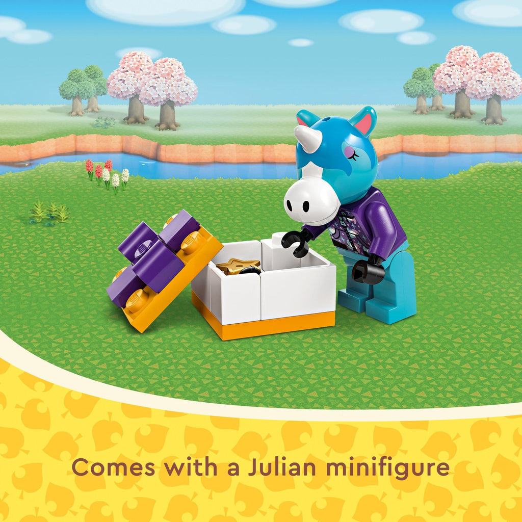 Authentic LEGO Julian’s Birthday set featuring a unique unicorn minifigure and a gift box by a tranquil landscape.