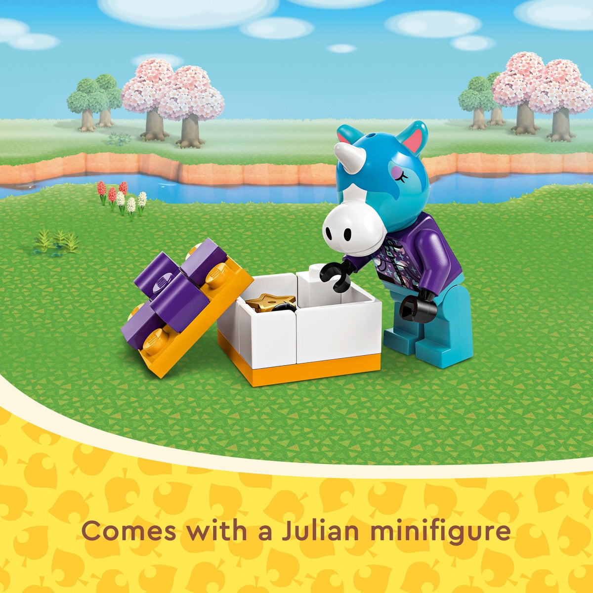 Authentic LEGO Julian’s Birthday set featuring a unique unicorn minifigure and a gift box by a tranquil landscape.
