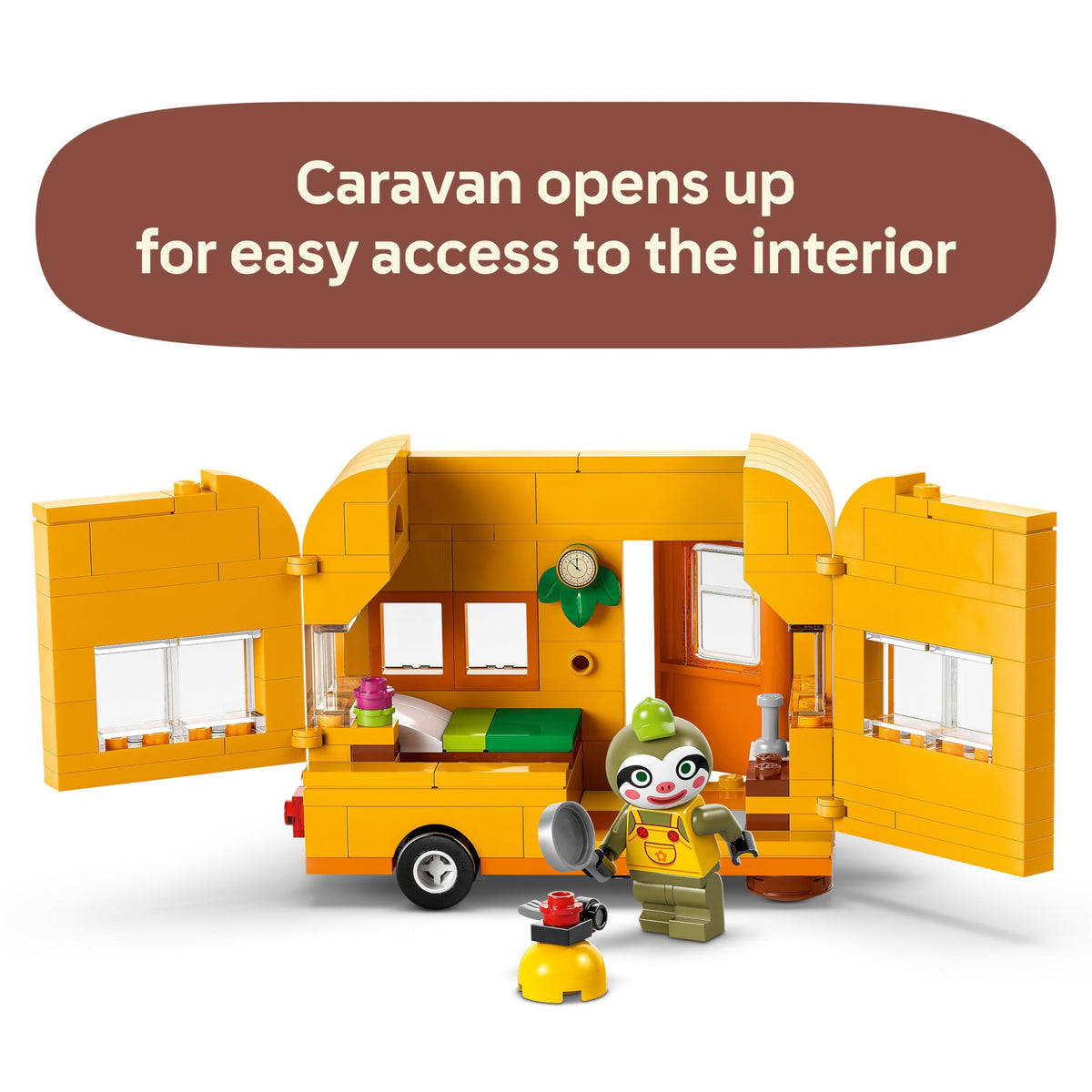 Premium imported LEGO Animal Crossing set featuring Leif's Caravan with open interior and charming details.