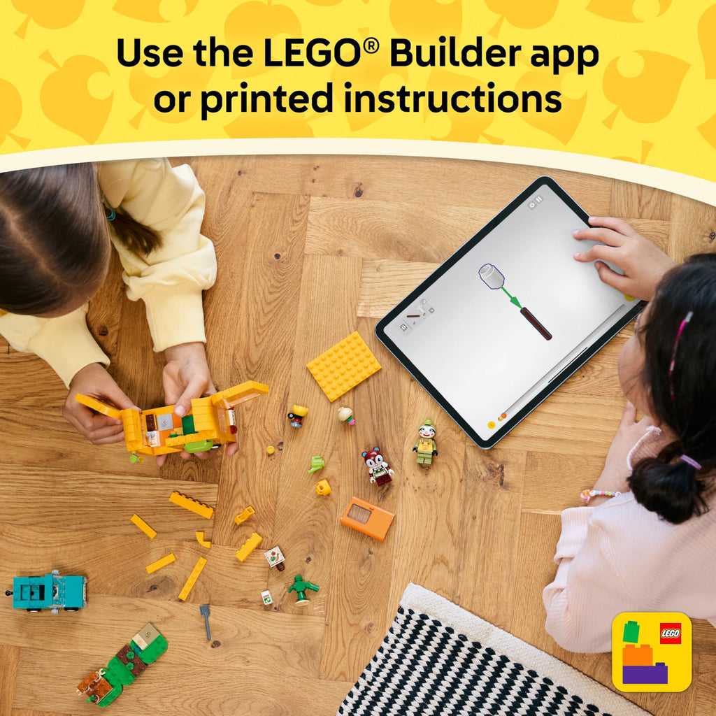 Two children building the LEGO Animal Crossing Leif's Caravan set, using the app for guidance. 100% Genuine LEGO.
