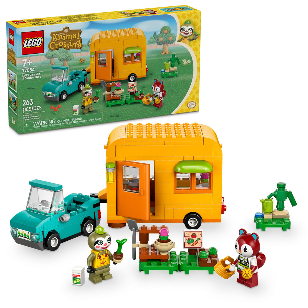100% Genuine LEGO Animal Crossing set featuring Leif's Caravan, a colorful camper, and adorable animal figures.
