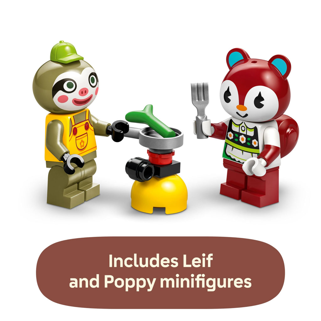 LEGO Animal Crossing set featuring Leif and Poppy minifigures by a cooking stove, original packaging included.