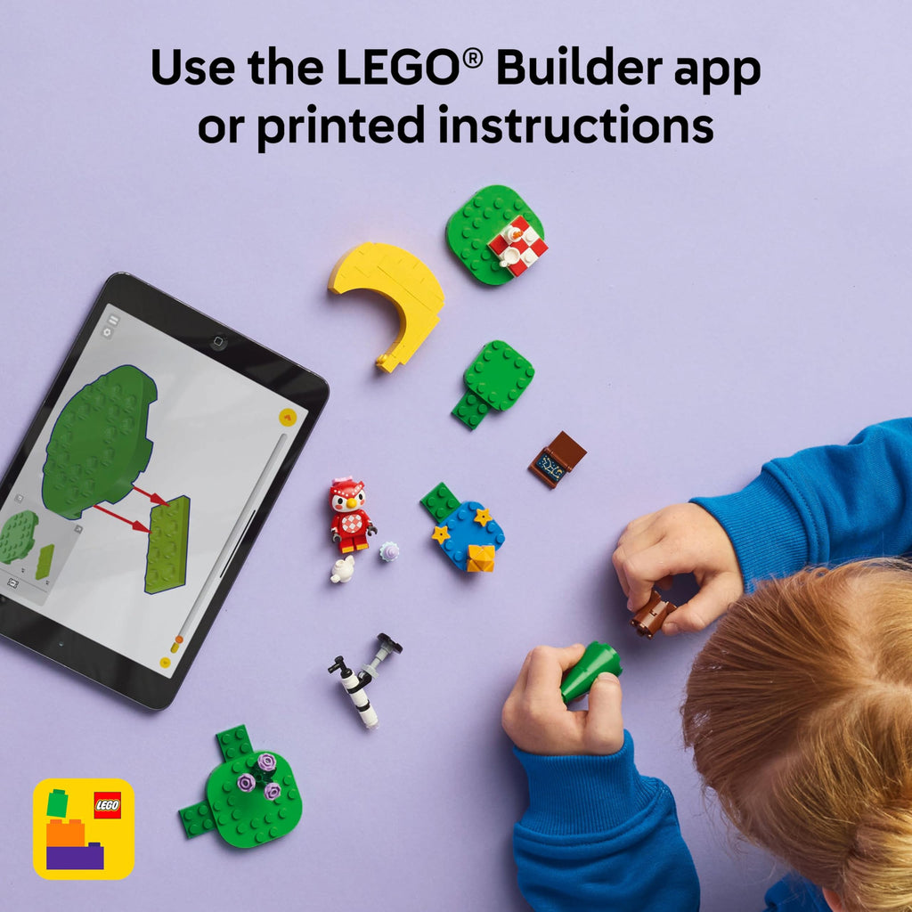 Authentic LEGO Animal Crossing Stargazing with Cel set, featuring a child building with vibrant pieces and a tablet.