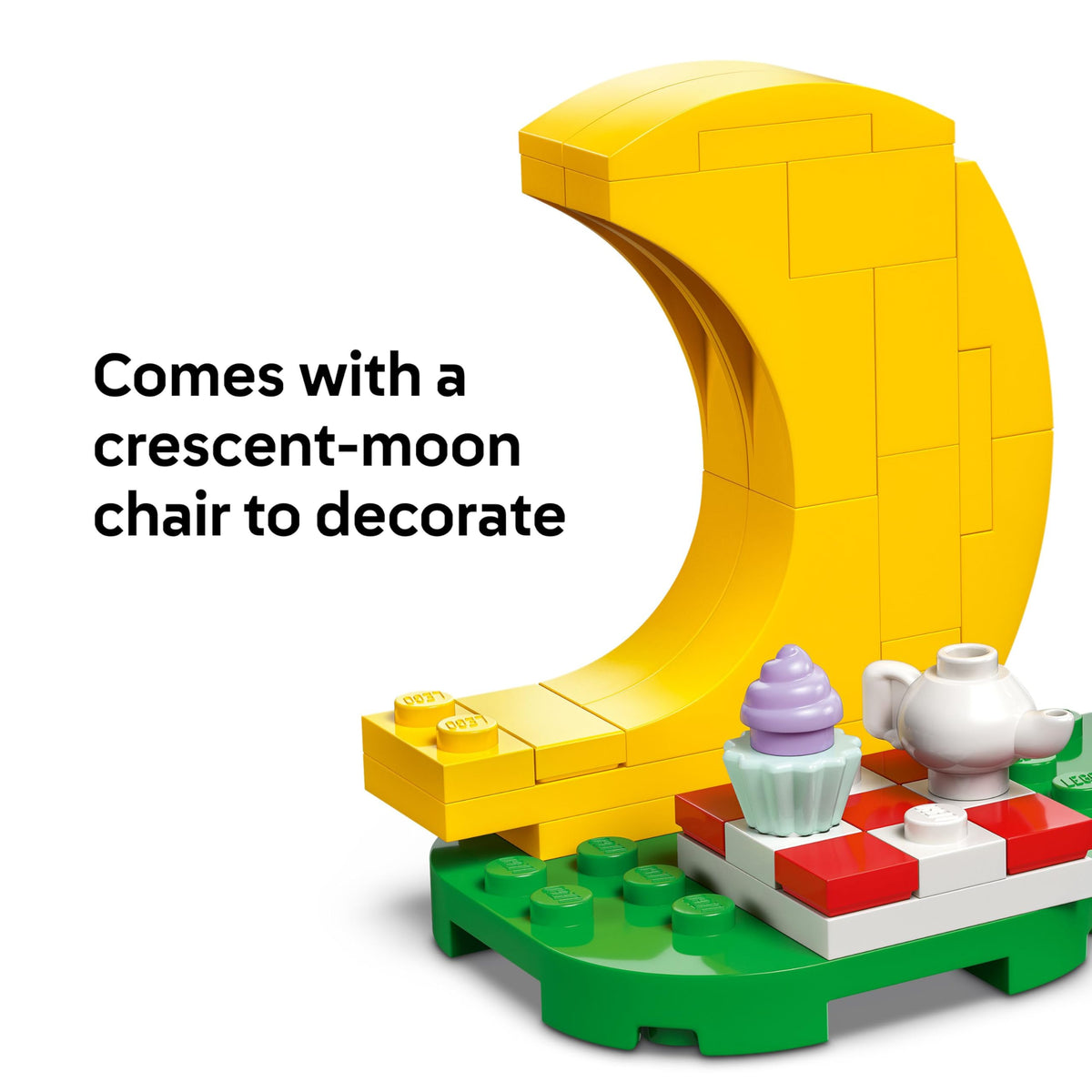 Premium imported LEGO set featuring a crescent-moon chair, tea set, and cupcake for stargazing fun.