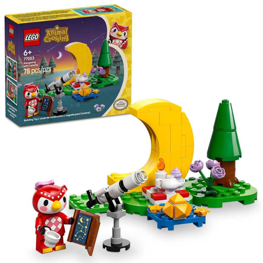 Authentic LEGO Animal Crossing Stargazing with Cel set features diverse elements like a telescope, trees, and characters.