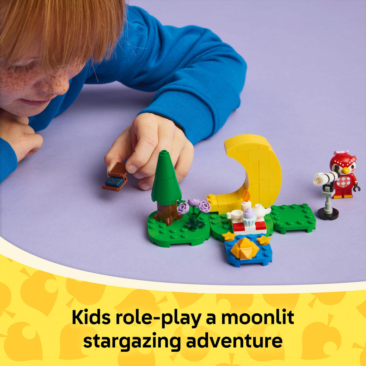 Children explore a stargazing scene with LEGO Animal Crossing set, featuring Cel, trees, and accessories for imaginative play.