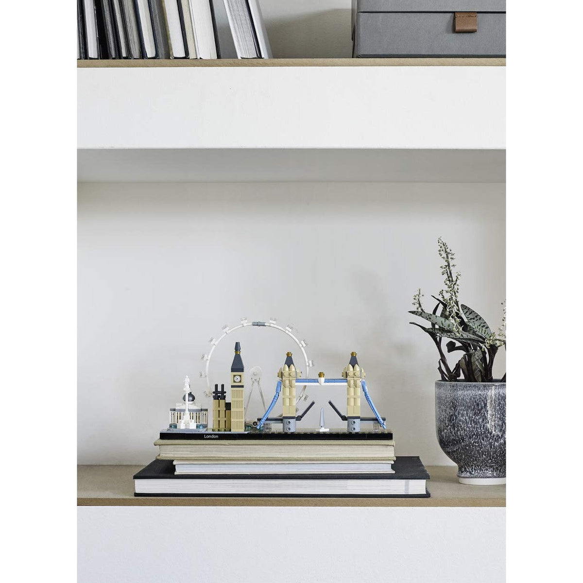 Architectural LEGO set featuring London's iconic skyline, including Big Ben and the London Eye, elegantly displayed.