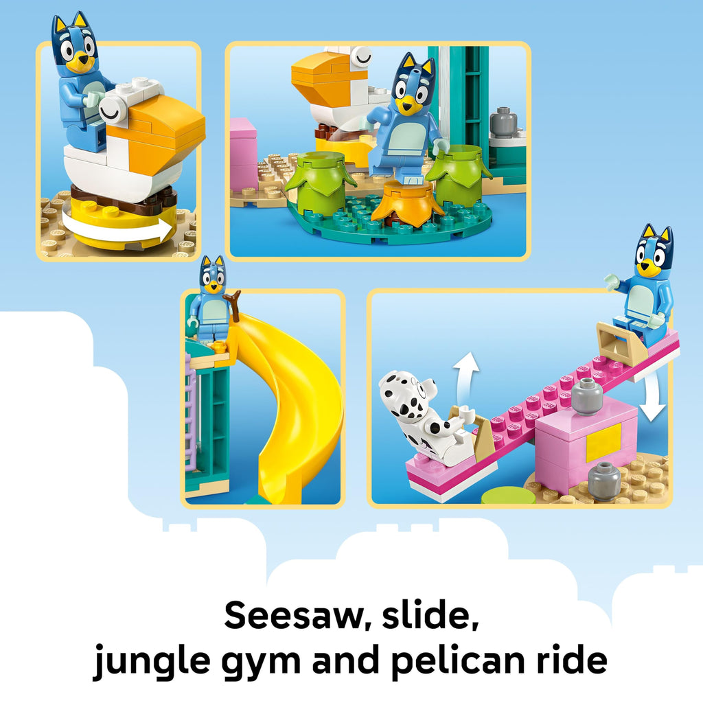 LEGO Bluey Playground Fun set featuring Bluey, a seesaw, slide, jungle gym, and pelican ride. Official LEGO product.