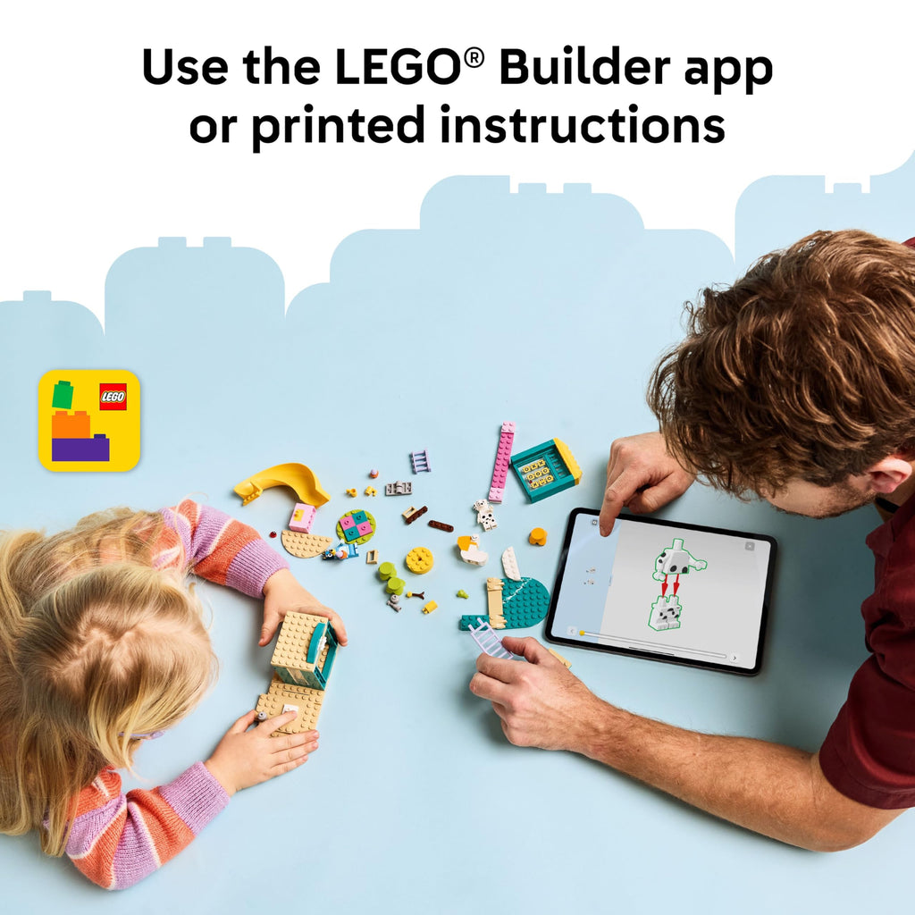 A child and adult use the LEGO Builder app to create the LEGO Bluey Playground Fun set, showcasing interactive building.