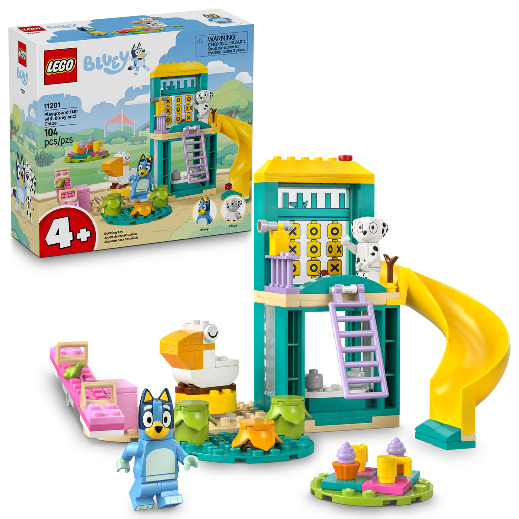 100% Genuine LEGO Bluey Playground Fun set with slide, Bluey figure, toys, and accessories for creative play.