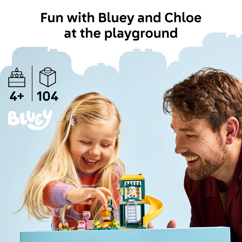 Enjoy playground fun with Bluey and Chloe! Suitable for ages 4+, order online now for playful adventures.