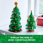 Two festive LEGO Christmas trees in vibrant green with colorful decorations, perfect for holiday displays. Original LEGO design.