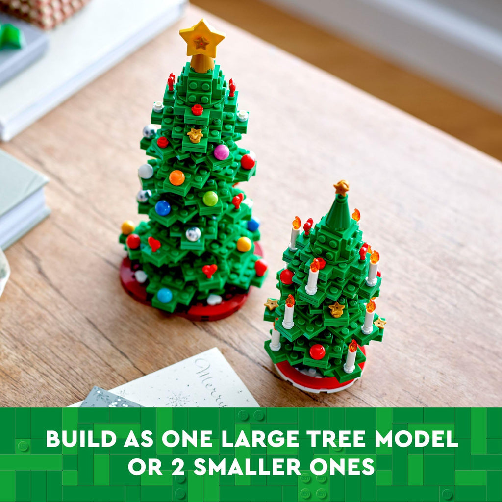 Colorful LEGO Christmas tree set featuring one large model or two smaller trees, perfect for festive fun. Imported toy.