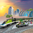Explore the LEGO City Express Passenger Train Set with minifigures, showcasing a vibrant city backdrop, perfect for imaginative play.