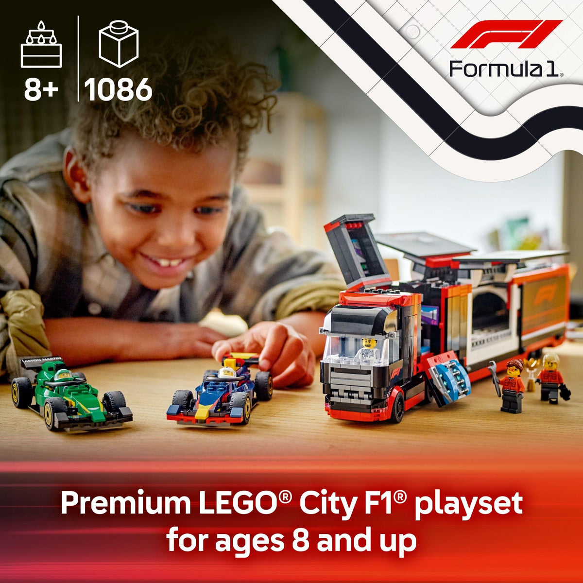 Explore the LEGO City F1 Truck set with RB20 & AMR24 cars, ideal for ages 8+. Available online now!