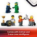 Authentic LEGO City F1 Truck set featuring 2 driver and 3 race crew minifigures, trophy, and tire accessory.