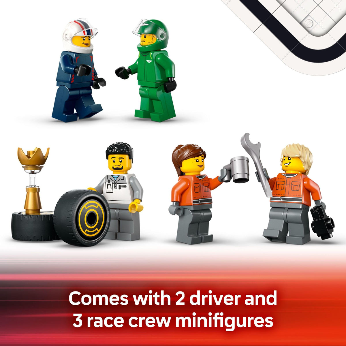 Authentic LEGO City F1 Truck set featuring 2 driver and 3 race crew minifigures, trophy, and tire accessory.